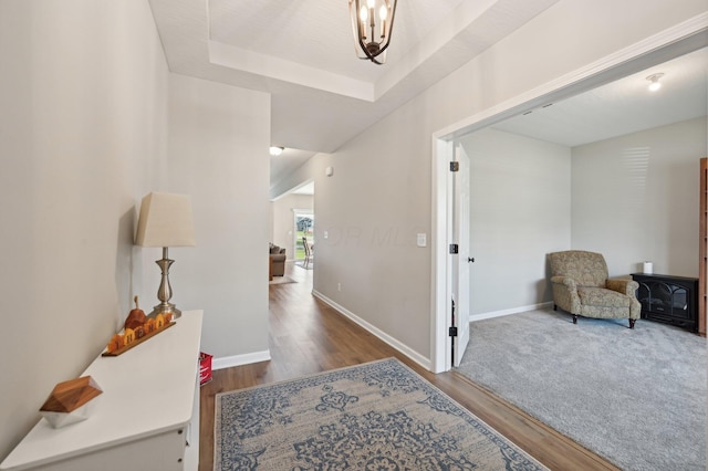 hallway with a raised ceiling, baseboards, and wood finished floors