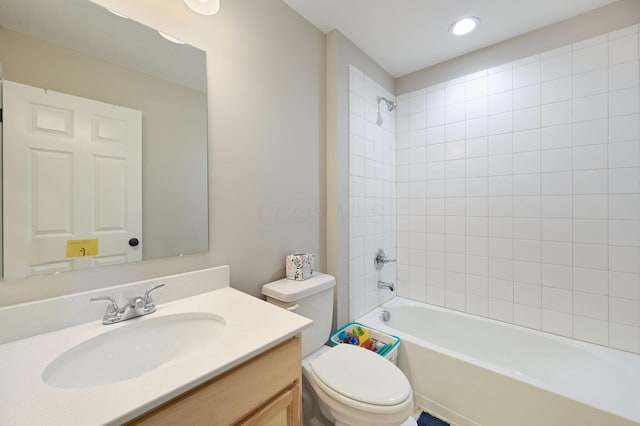 full bath with toilet, bathing tub / shower combination, vanity, and recessed lighting