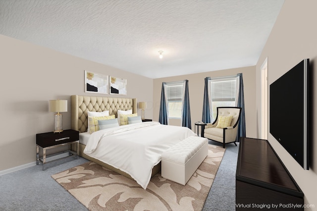 bedroom featuring light colored carpet, a textured ceiling, and baseboards