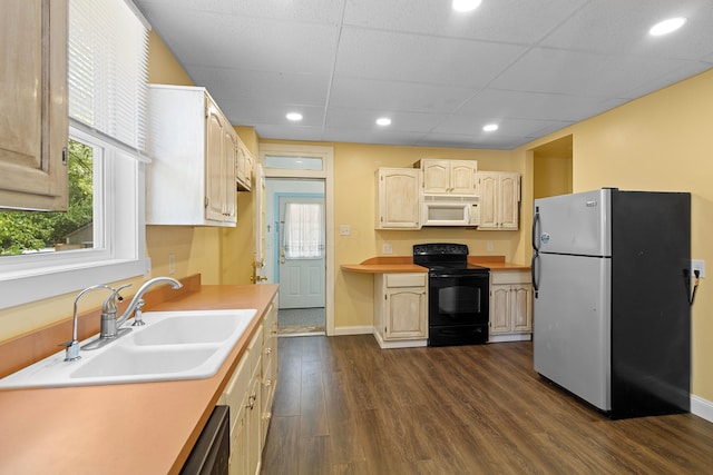 kitchen with a drop ceiling, sink, dark hardwood / wood-style floors, light brown cabinetry, and stainless steel appliances