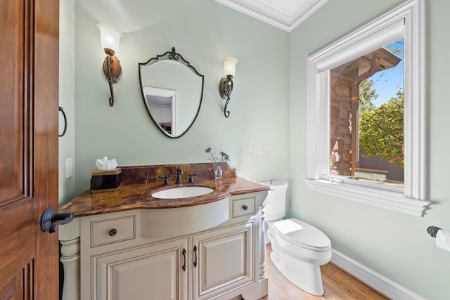 bathroom featuring hardwood / wood-style floors, vanity, ornamental molding, and a healthy amount of sunlight