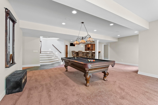 playroom with carpet, bar area, and pool table