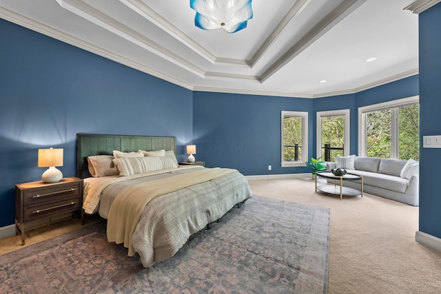 bedroom with dark colored carpet and crown molding