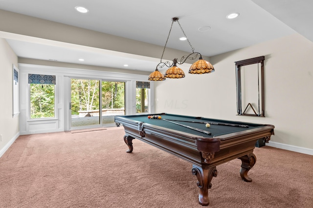 rec room with carpet and pool table