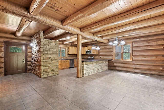 unfurnished living room featuring a notable chandelier, beam ceiling, wooden ceiling, and rustic walls