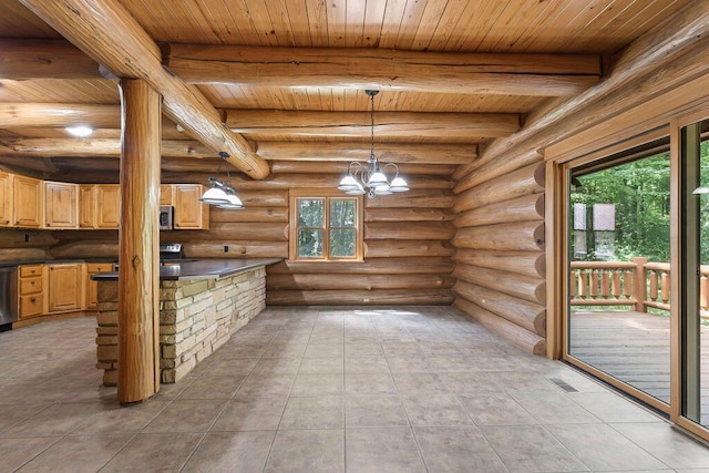 kitchen featuring plenty of natural light, wood ceiling, hanging light fixtures, and an inviting chandelier