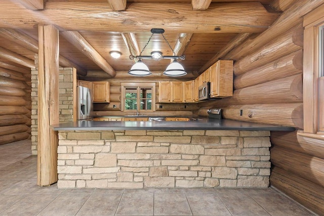 kitchen featuring pendant lighting, kitchen peninsula, rustic walls, and wood ceiling