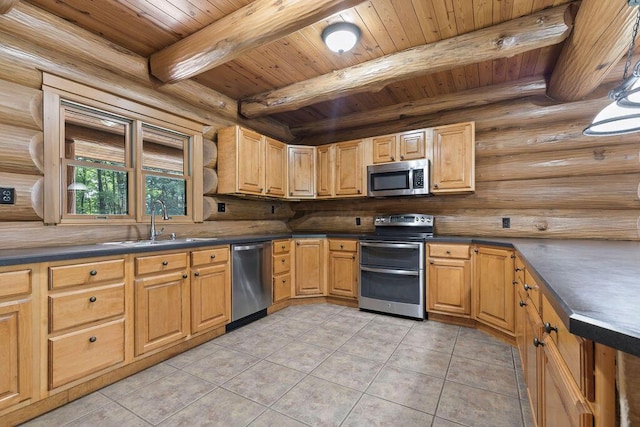 kitchen with stainless steel appliances, sink, log walls, light tile patterned floors, and beamed ceiling