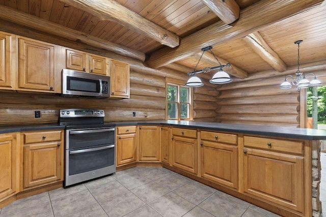 kitchen with wood ceiling, stainless steel appliances, beam ceiling, decorative light fixtures, and an inviting chandelier