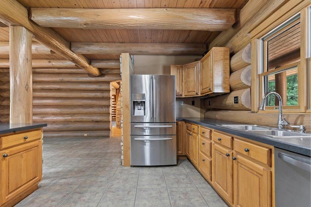 kitchen featuring beam ceiling, sink, log walls, and appliances with stainless steel finishes