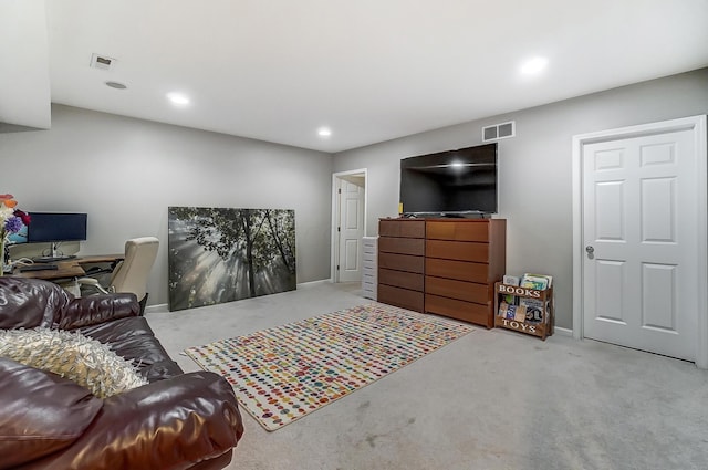 living room featuring light carpet