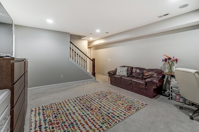 living room featuring light colored carpet