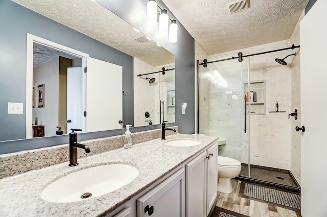 full bathroom featuring toilet, a shower stall, visible vents, and a sink