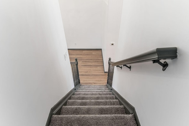 stairway with hardwood / wood-style floors