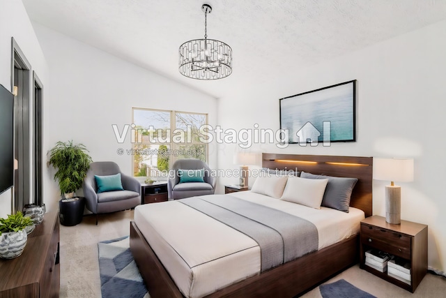 bedroom featuring carpet flooring, a notable chandelier, lofted ceiling, and a textured ceiling