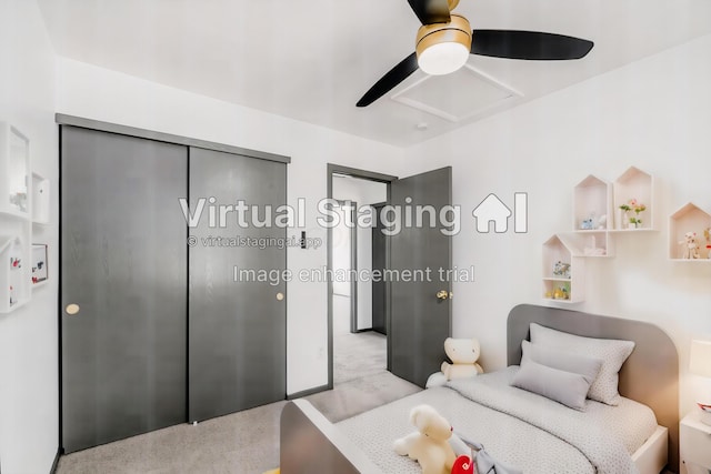 bedroom featuring light colored carpet and ceiling fan