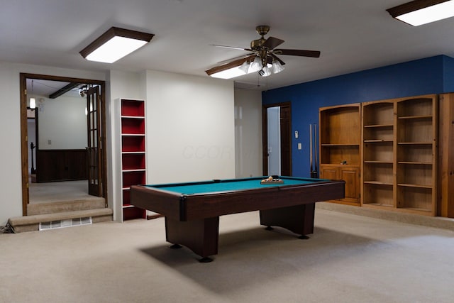 playroom featuring light carpet, wooden walls, billiards, and ceiling fan