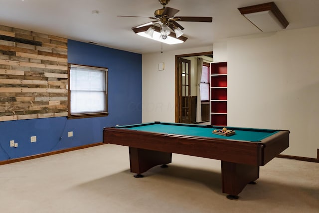 recreation room with light carpet, pool table, and ceiling fan