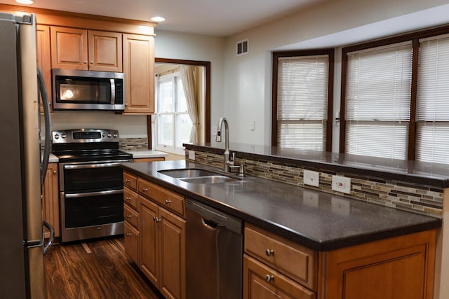 kitchen with dark hardwood / wood-style flooring, sink, decorative backsplash, and stainless steel appliances