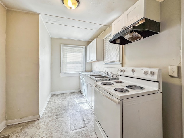 kitchen with white cabinets, white electric range oven, and sink