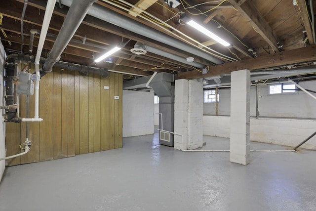 basement with a healthy amount of sunlight and wooden walls