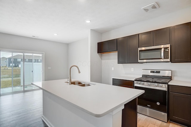 kitchen with visible vents, a sink, stainless steel appliances, light countertops, and light wood-style floors