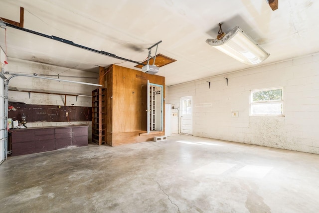 garage featuring a workshop area and a garage door opener