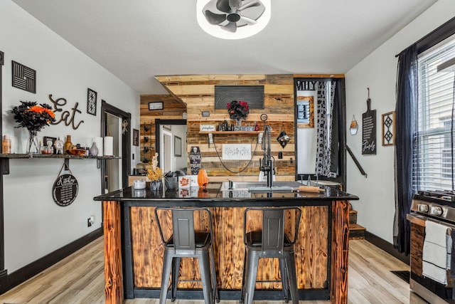 bar featuring ceiling fan and light wood-type flooring