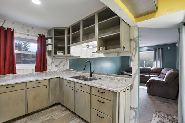 kitchen featuring light hardwood / wood-style floors, tasteful backsplash, a healthy amount of sunlight, and sink