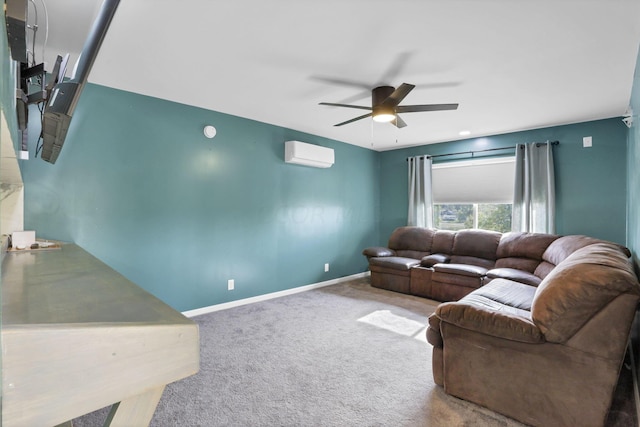 living room featuring carpet flooring, ceiling fan, and an AC wall unit