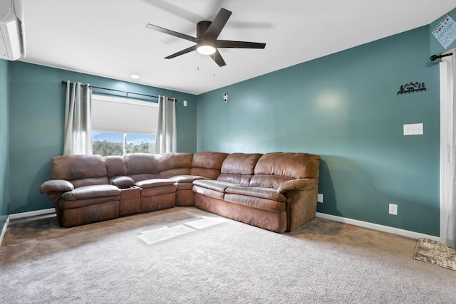 living room featuring carpet flooring and ceiling fan