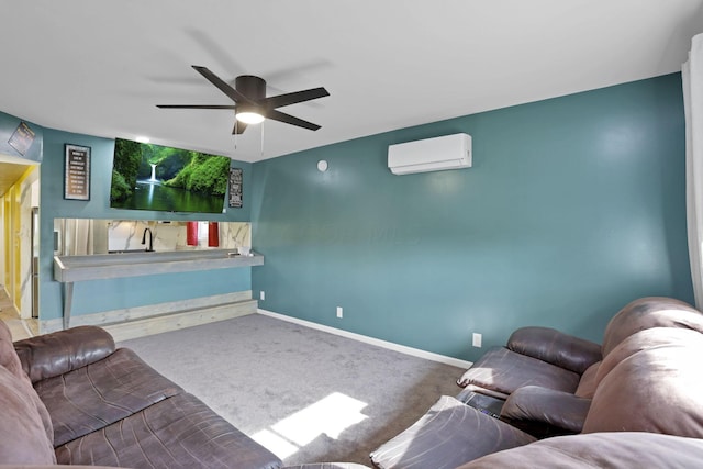 living room featuring carpet flooring, ceiling fan, and a wall mounted air conditioner