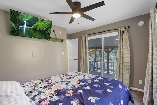 carpeted bedroom featuring access to exterior and ceiling fan