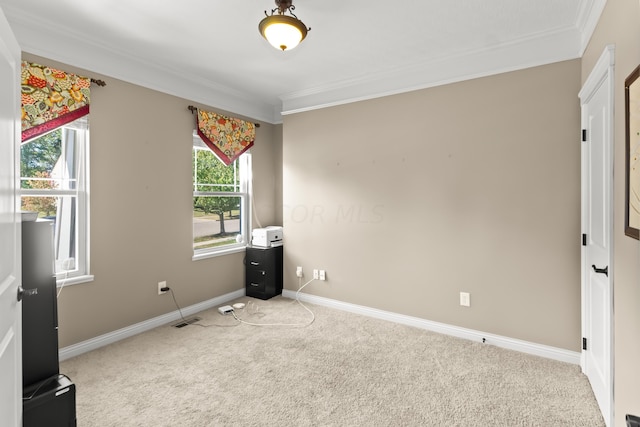 unfurnished room featuring crown molding, carpet, and a healthy amount of sunlight