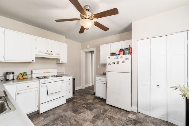 kitchen with ceiling fan, sink, white cabinets, and white appliances