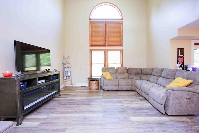 living room with a towering ceiling and light wood-type flooring