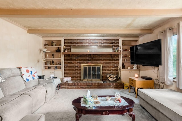 carpeted living room featuring beamed ceiling, a textured ceiling, and a fireplace