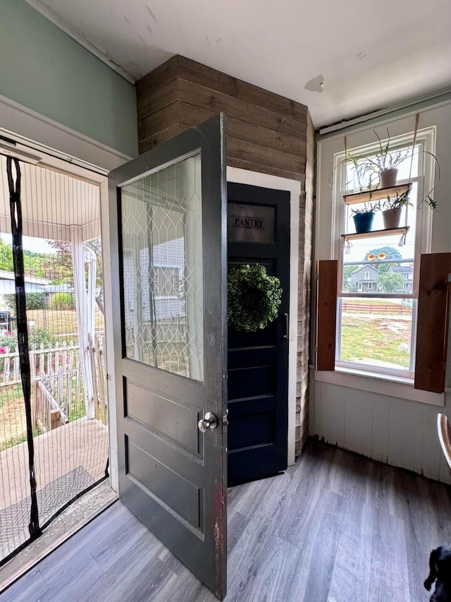 doorway to outside featuring hardwood / wood-style flooring and wooden walls