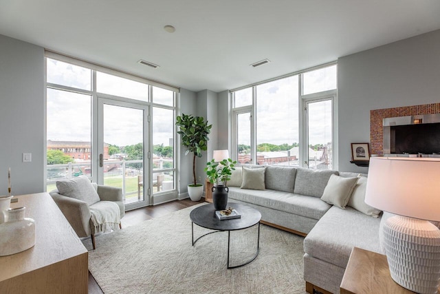 living room with hardwood / wood-style floors and a wall of windows