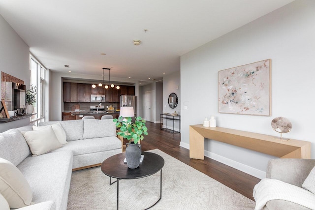 living room featuring dark wood-type flooring