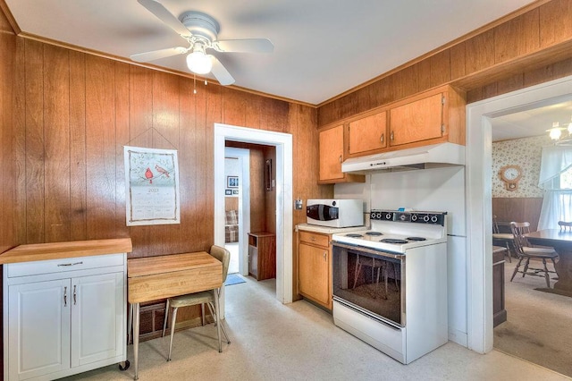 702 Coshocton Ave, Mount Vernon, OH 43050 - kitchen featuring white appliances, under cabinet range hood, wooden walls, ceiling fan, and light countertops
