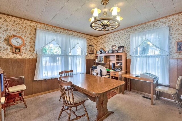 702 Coshocton Ave, Mount Vernon, OH 43050 - office space with ornamental molding, wallpapered walls, a chandelier, wooden walls, and a wainscoted wall