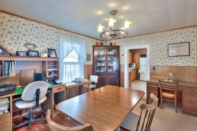 702 Coshocton Ave, Mount Vernon, OH 43050 - home office featuring ornamental molding, wallpapered walls, a wainscoted wall, a chandelier, and wooden walls