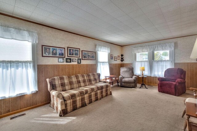 702 Coshocton Ave, Mount Vernon, OH 43050 - carpeted living room featuring healthy amount of natural light, wooden walls, wainscoting, and ornamental molding