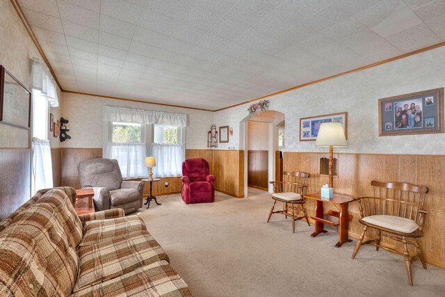 702 Coshocton Ave, Mount Vernon, OH 43050 - carpeted living room featuring ornamental molding, arched walkways, wainscoting, and wooden walls