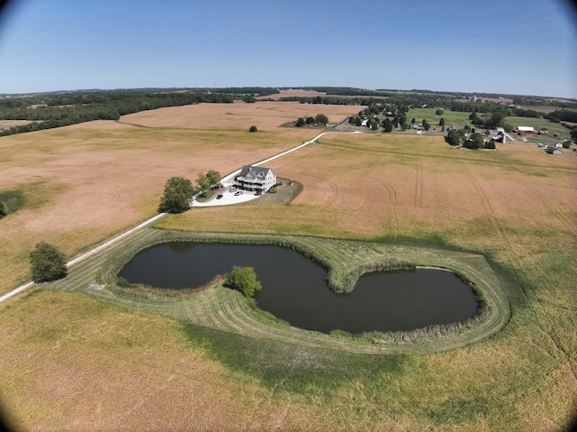 bird's eye view with a water view and a rural view