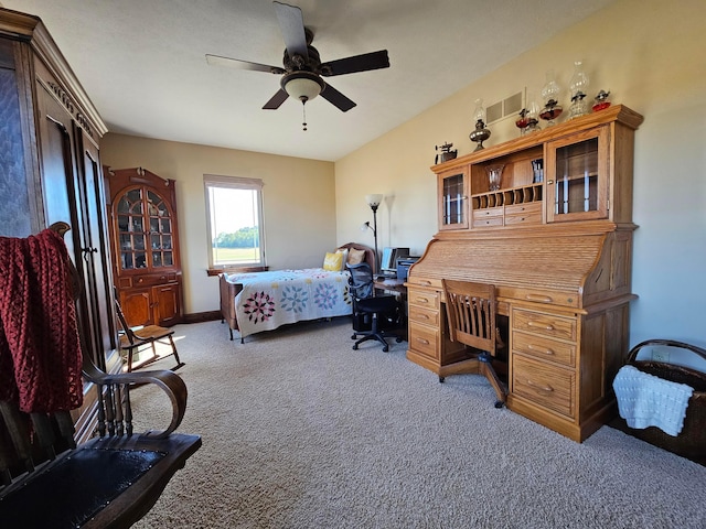 bedroom with light carpet and ceiling fan