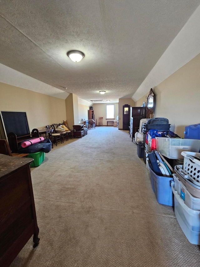 interior space featuring carpet flooring and a textured ceiling