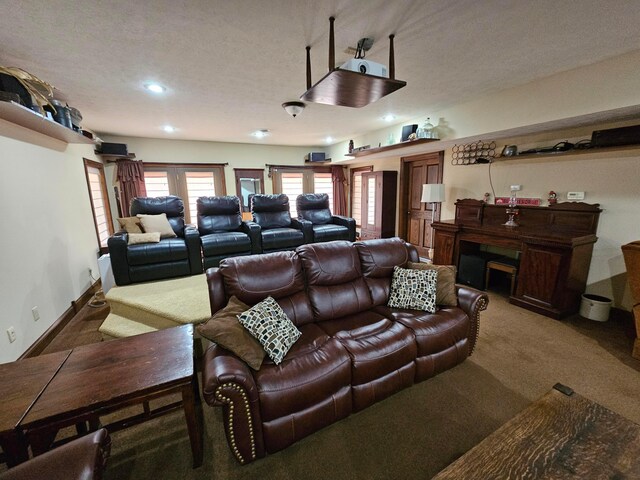 carpeted cinema featuring a textured ceiling