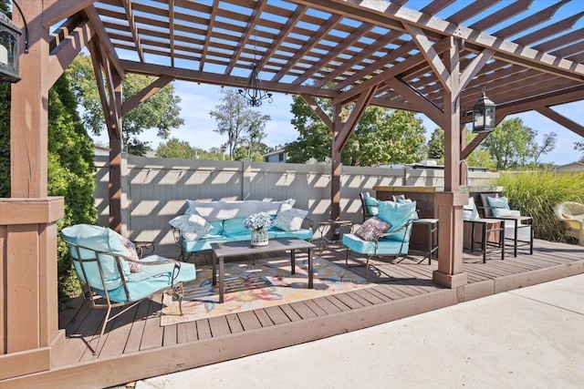 wooden terrace featuring a pergola, outdoor lounge area, and a bar